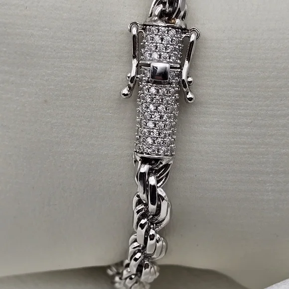18k White Gold Over Sterling Silver Diamond Cut Rope Bracelet & Moissanite Clasp